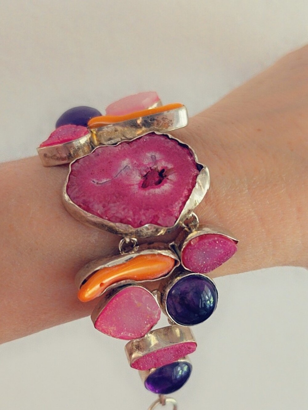 Druzy, Pearl, Agate & Amethyst Gemstone Estate Bracelet Sterling Silver 925